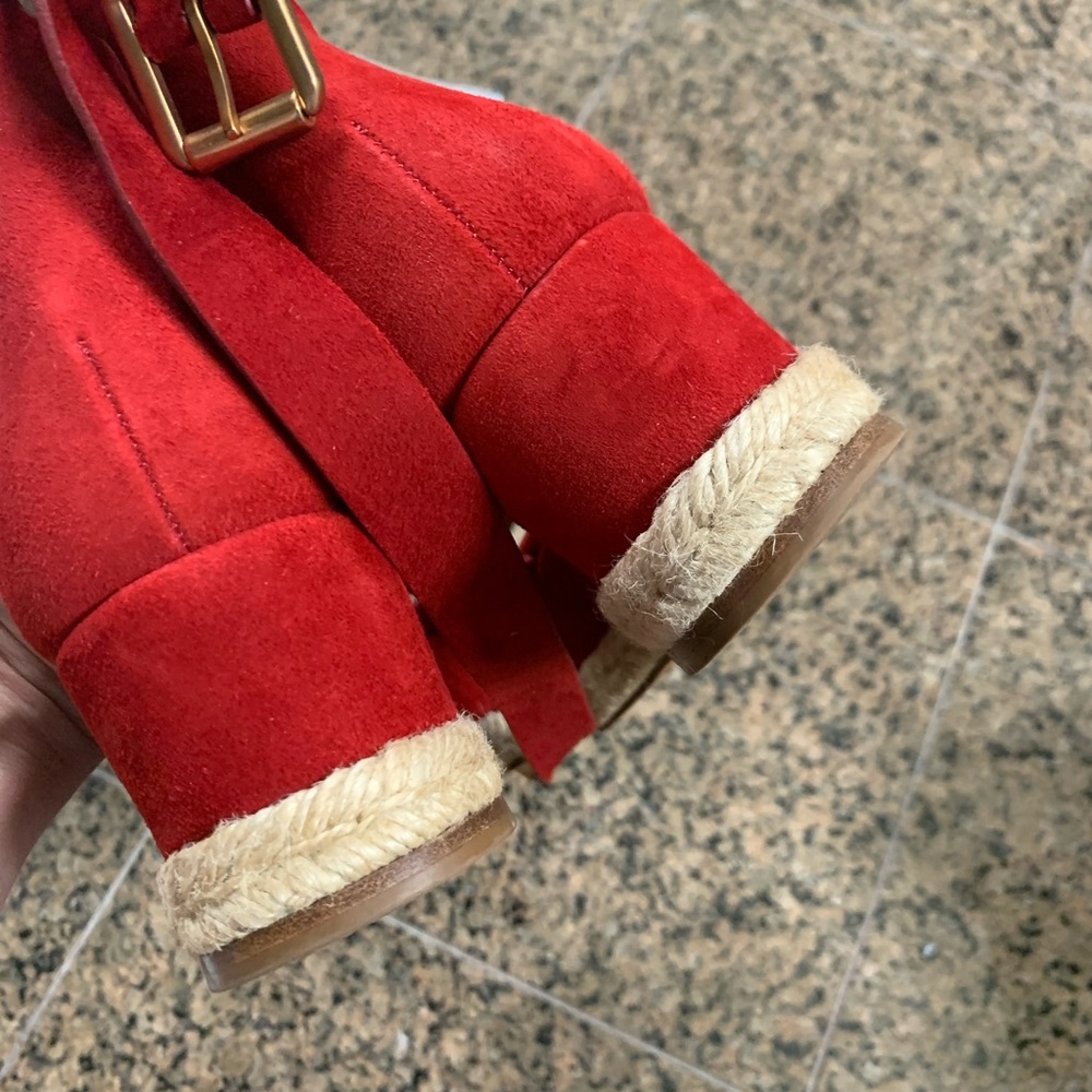 Red Suede Scallop Espadrille Sandals - Women - Picture 6 of 14